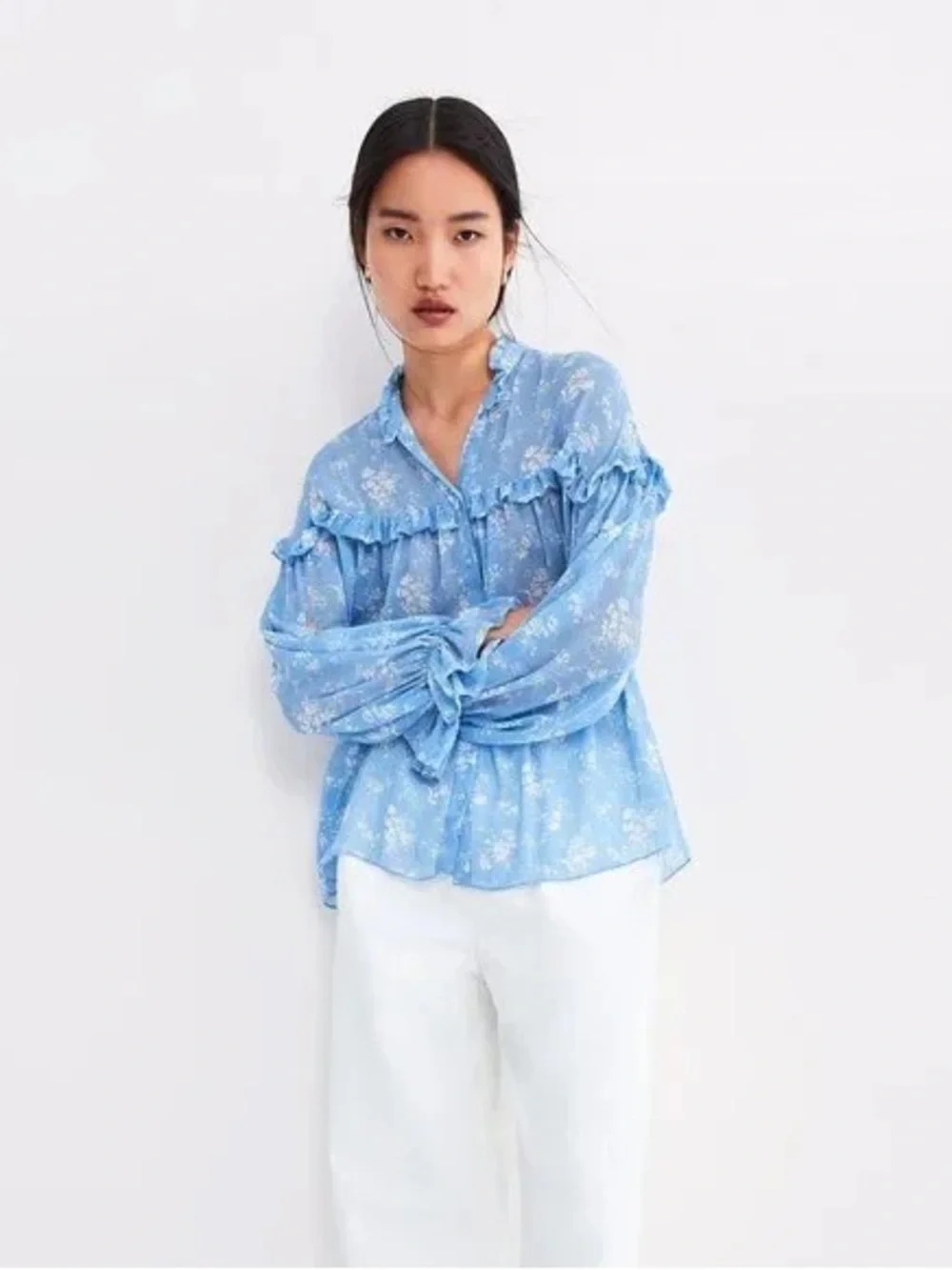 ZARA | Floral Pattern Feminine Ruffled Semi Sheer Breezy Relaxed Blouse - Picture 15 of 15